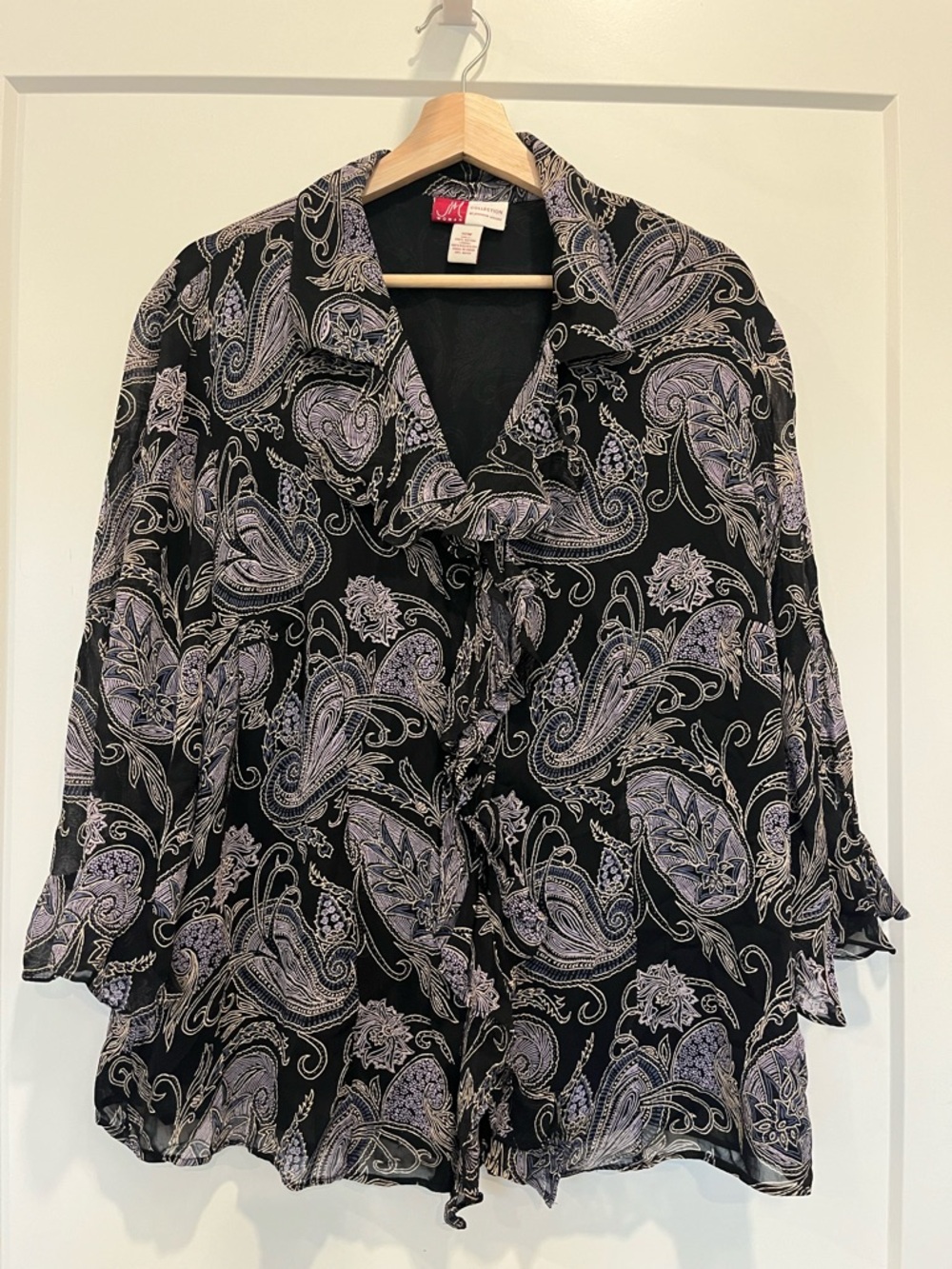 Black Paisley Print Sheer Ruffle Boho Fairy Renaissance Dark Romantic top sz 18